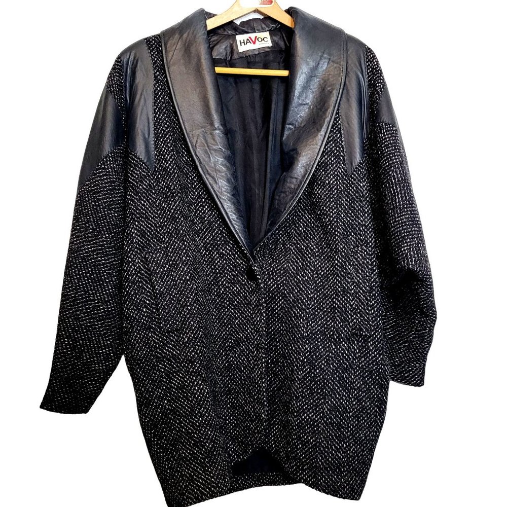 Vintage Tweed Leather Coat Jacket Havoc USA Womens Medium Pockets Button Close